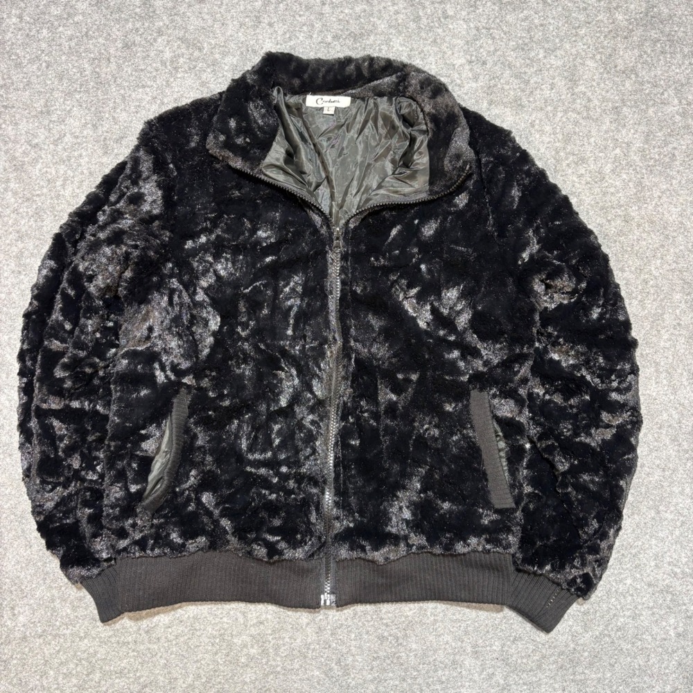 Carducci Black Faux Fur Zip Up Bomber Jacket Women Large Ribbed Trim Plush Lined